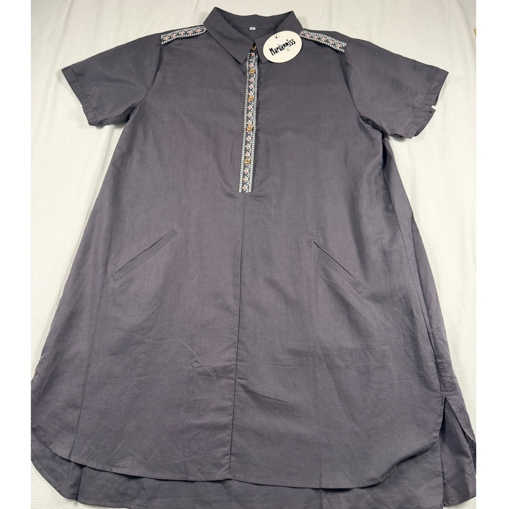 Mordenmiss Gray Linen Blend Embroidered Tunic Dress XL Short Sleeve Pockets NWT